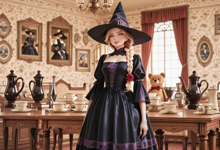 In front of the screen, a table, elegant teacups, saucers, Woman, two, café, waitress witch, busy, People looking sideways, people looking forward, long braided hair, beautiful eyelashes, gentle smile, White lovely fluffy teddy bear, cute figure, good time, The background is a pleasant Gothic interior, ornate decorations, windows, curtains, over-decorated rooms, rose decorations, old-fashioned luxury furniture, antique atmosphere, detailed depictions, accurate light and shadows, Gothic, detailed, picturesque light, vintage, The colors are pink, light blue, desaturated yellow, exquisite balance, angle from the front of the waist oblique,
jyojifuku, witch, witch hat, dress, pantyhose, Multiple Object Background, Multiple Object Background
Masterpiece, Ultra HD, cinematic lighting, graphic, high definition, depth of field, (blurred background), (dramatic lighting), masterpiece, top quality, very beautiful, 8k, masterpiece,