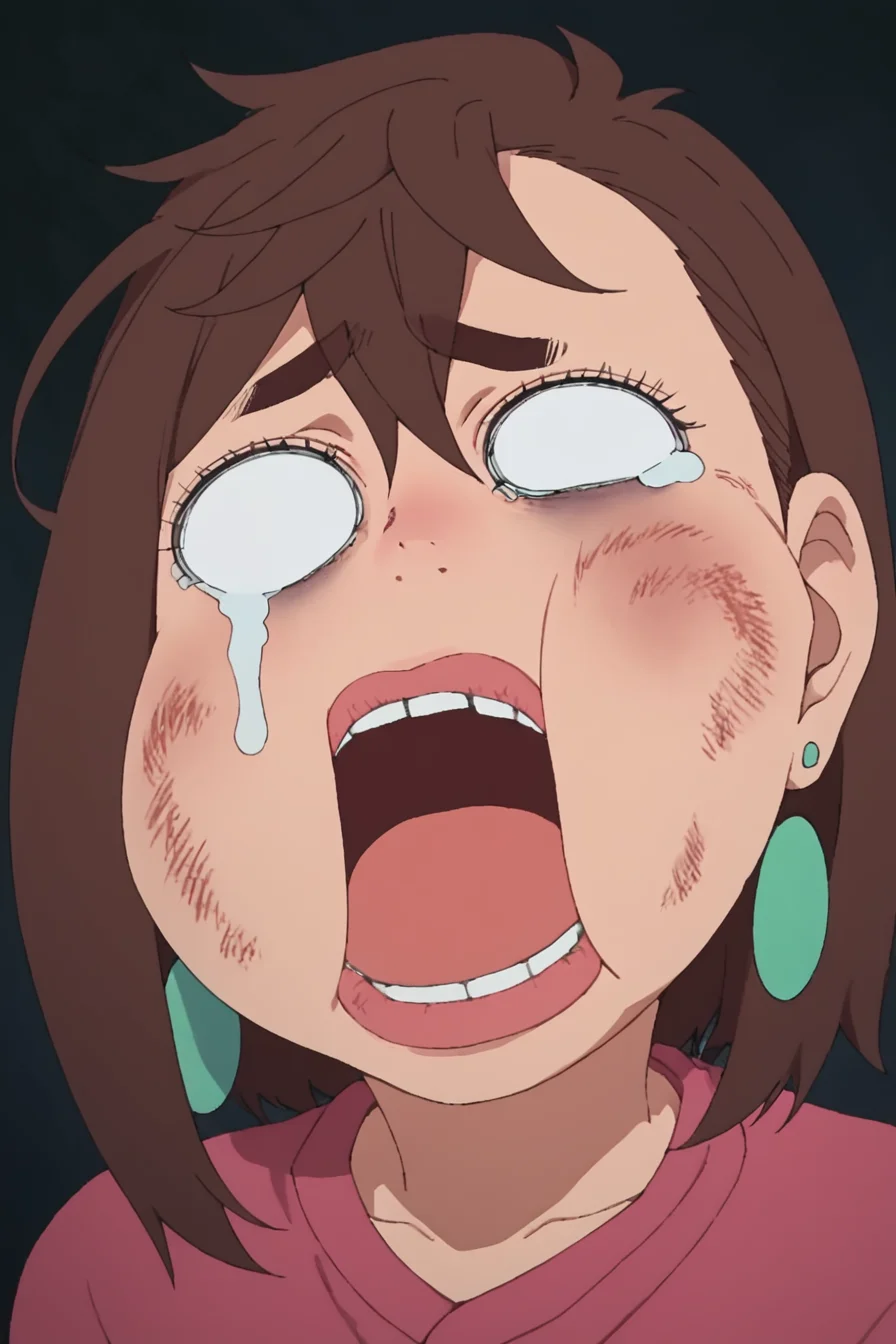 score_9, score_8_up, score_7_up, score_6_up, score_5_up, score_4_up, <lora:Momo_Ayase_Dandadan_V1:0.8> KJOmomo, brown hair, medium hair, hair between eyes, thick eyebrows, earrings,<lora:beat_up_face:0.8>, 1girl, solo, alone, blank eyes, tears, circular eyes, bruise, swollen cheeks, swollen lips, open mouth, missing tooth, masterpiece, highres