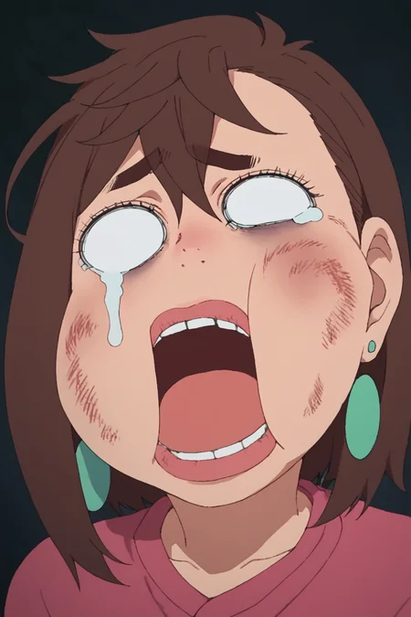 score_9, score_8_up, score_7_up, score_6_up, score_5_up, score_4_up, <lora:Momo_Ayase_Dandadan_V1:0.8> KJOmomo, brown hair, medium hair, hair between eyes, thick eyebrows, earrings,<lora:beat_up_face:0.8>, 1girl, solo, alone, blank eyes, tears, circular eyes, bruise, swollen cheeks, swollen lips, open mouth, missing tooth, masterpiece, highres