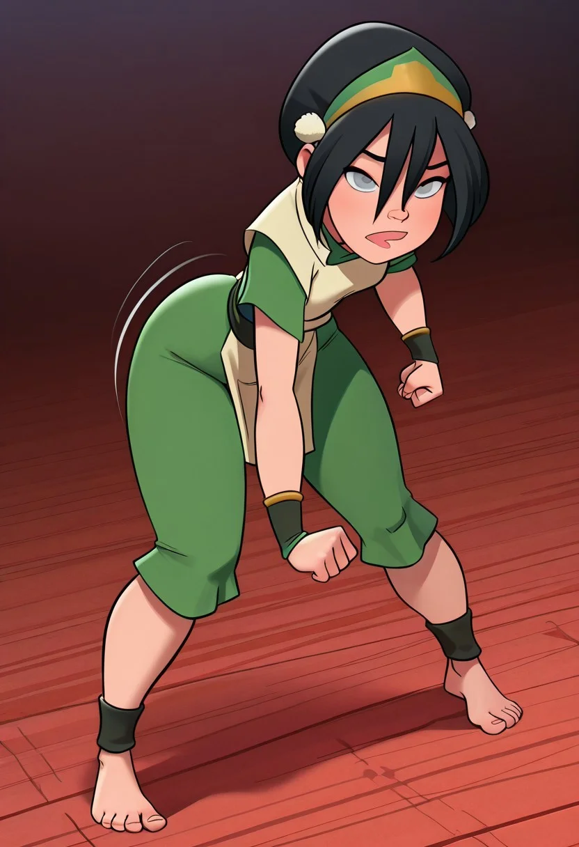 illutoph, black hair, hair between eyes, blind, grey eyes, hairband, wristband, tunic, capri pants, barefoot, ankleband, (extremely detailed CG), (best quality) (JABAy17) JmoxComic, (masterpiece, best quality, absurdres, detailed,perfect quality, amazing quality, newest, ultra-detailed:1.2), extremely detailed, distortion-free, illustration, (Black lines, thick strokes, detailed strokes,smooth lines,), looking at viewer, detailed clothing, shinny HAIR, detailed skin, detailed eyes, horny, curvy_hips, shinny skin, anime coloring, anime screencap, 1girl, solo, leaning forward with her body slightly angled, suggesting a powerful, aggressive stance ready to strike. Both fists are clenched, suggesting imminent attack. Her legs are positioned in a slightly low, yet balanced stance, providing a strong base for her upper body movement.