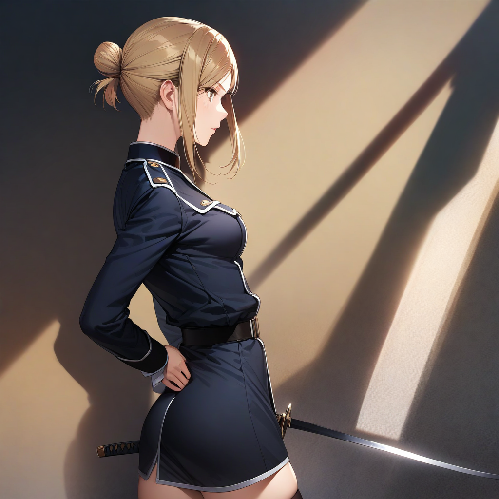 (masterpiece),(best quality),(ultra-detailed),(best illustration),(best shadow),(absurdres),(detailed background),(very aesthetic),  seri awashima, 1girl, solo, sword, weapon, thighhighs, blonde hair, holding sword, holding, uniform, holding weapon, profile, breasts, short hair, military uniform, military, hair bun behind back, <lora:XL-SeriAwashima:1>