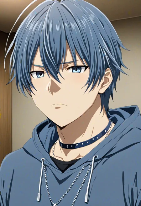 high resolution, solo, best quality, 1Boy, Tomoya Okazaki, Grey Blue Hair, bangs, necklace, choker, hair between eyes, Hoodie, OverallDetail