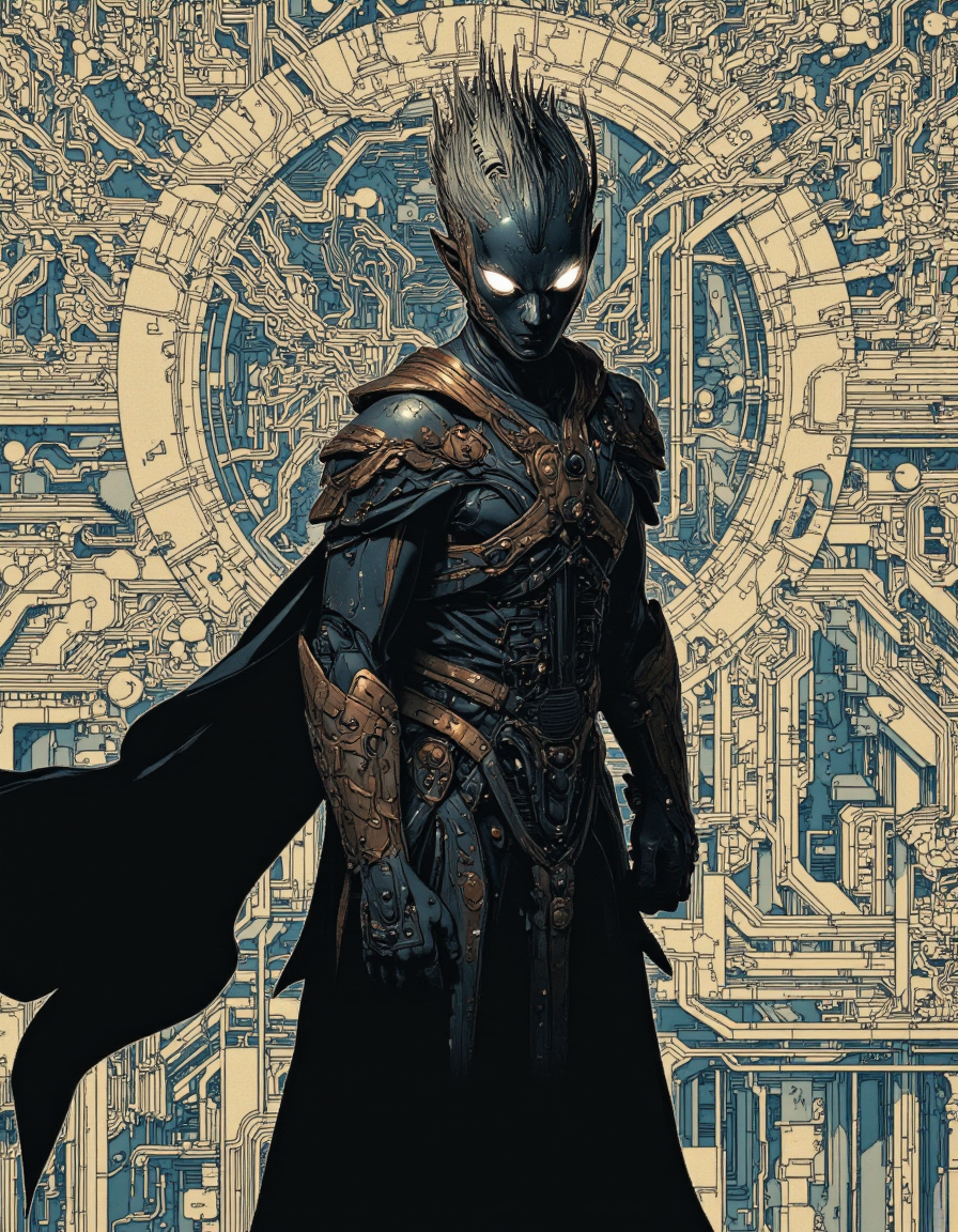 By Phandigrams. A digital illustration shoot from a frontal camera angle about a humanoid robot with a spiky mohawk-like head and glowing white eyes, standing confidently in the middle of the image. the robot, who appears to be a humanoid figure, is standing in the center of the frame with its full body visible. the character is wearing a dark, metallic armor with intricate details and a flowing cape draped over its shoulders. the armor is intricately designed with mechanical elements, giving it a futuristic and sci-fi aesthetic. the background is a textured, abstract pattern of lines and shapes in shades of blue and beige, resembling a computer circuit board with various mechanical components, creating a sense of depth and complexity. the lighting is dramatic, casting shadows and highlighting the intricate details of the robot's face and body, making it stand out against the textured background. the overall effect is a striking and captivating image that is sure to draw the viewer's attention.