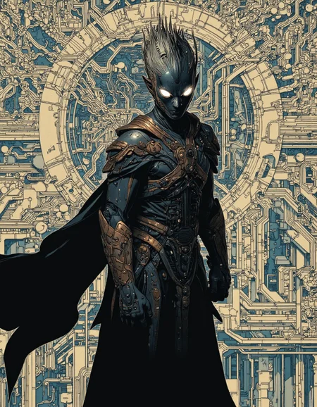By Phandigrams. A digital illustration shoot from a frontal camera angle about a humanoid robot with a spiky mohawk-like head and glowing white eyes, standing confidently in the middle of the image. the robot, who appears to be a humanoid figure, is standing in the center of the frame with its full body visible. the character is wearing a dark, metallic armor with intricate details and a flowing cape draped over its shoulders. the armor is intricately designed with mechanical elements, giving it a futuristic and sci-fi aesthetic. the background is a textured, abstract pattern of lines and shapes in shades of blue and beige, resembling a computer circuit board with various mechanical components, creating a sense of depth and complexity. the lighting is dramatic, casting shadows and highlighting the intricate details of the robot's face and body, making it stand out against the textured background. the overall effect is a striking and captivating image that is sure to draw the viewer's attention.