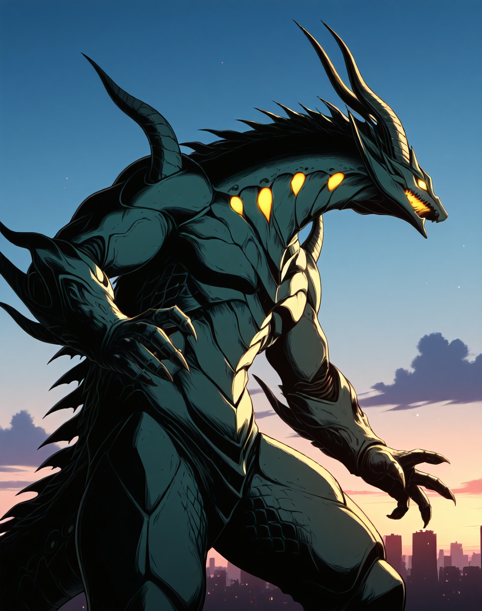 score_9, score_8_up, score_7_up,
8K, In'ei, chiaroscuro, cinematic side lighting, perfect depth of field shot, masterpiece, beautiful, sharp focus, crisp details,
<lora:Draglord_(Guyver)_(Illustrious)_(AD):1> Draglord, Guyver, dragon, 
exterior, science fiction, sky with anime clouds, summer, hot day, city skyline, 
dynamic action, bent leg, cowboy shot, 
green body, green skin, titanic, gigantic, kaiju, glowing eyes, 
BREAK Smooth Quality, IllusP0s, lazyhand, lazympos, lazynsfw,
