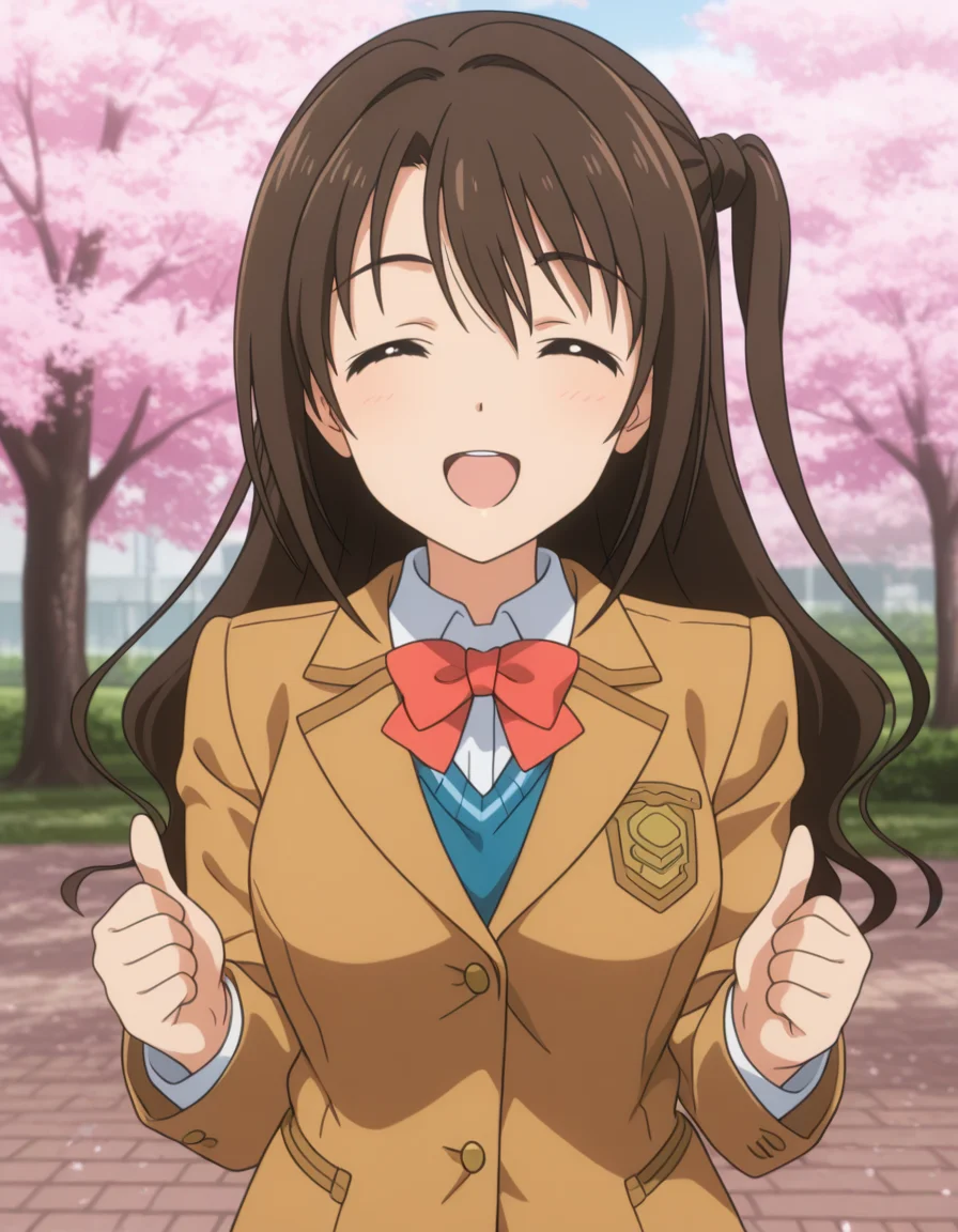 official style,
Shimamura Uzuki,brown eyes,brown hair,long hair,one side up,school uniform,red bowtie,brown blazer,red plaid skirt,
smile,both hands thumbs up,(closed eyes:1.2),open mouth,
(solo),((portrait)),
Cherry trees,cherry blossom petals,public park,park,
(anime screencap), 2d cel anime,anime cap,anime,anime style,anime cel,cell shaded,soft brightness,perfect face,perfect nose, perfect hair, perfect eyes,perfect female body,perfect skin,a face of perfect proportion,perfect lighting,perfect anatomy,perfect proportion,perfect hands,perfect legs,perfect fingers,masterpiece,hair between eyes,
big breasts,
perky breasts,best quality,very aesthetic,absurdres,16k,intricate detail,amazing quality,(bold:3.12),thick outline,black outline,harsh lines,soft lines,deluster,boldline,curvy,(anime coloring:1.2), slim,
looking at viewer,(pov:2.0),(hat:-1),
super fine illustration,detailed linework,vibrant colors,kawaii,flat color, <lora:THE_IDOLMSTER_ã·ã³ãã¬ã©ã¬ã¼ã«ãºå³¶æå¯æã¢ãã¡é¢¨illustriousTHE_IDOLMSTER_CINDERELLA_GIRLSShimamura_UzukiAnime_Styleillustrious:1:0.8>