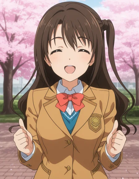 official style,
Shimamura Uzuki,brown eyes,brown hair,long hair,one side up,school uniform,red bowtie,brown blazer,red plaid skirt,
smile,both hands thumbs up,(closed eyes:1.2),open mouth,
(solo),((portrait)),
Cherry trees,cherry blossom petals,public park,park,
(anime screencap), 2d cel anime,anime cap,anime,anime style,anime cel,cell shaded,soft brightness,perfect face,perfect nose, perfect hair, perfect eyes,perfect female body,perfect skin,a face of perfect proportion,perfect lighting,perfect anatomy,perfect proportion,perfect hands,perfect legs,perfect fingers,masterpiece,hair between eyes,
big breasts,
perky breasts,best quality,very aesthetic,absurdres,16k,intricate detail,amazing quality,(bold:3.12),thick outline,black outline,harsh lines,soft lines,deluster,boldline,curvy,(anime coloring:1.2), slim,
looking at viewer,(pov:2.0),(hat:-1),
super fine illustration,detailed linework,vibrant colors,kawaii,flat color, <lora:THE_IDOLMSTER_ã·ã³ãã¬ã©ã¬ã¼ã«ãºå³¶æå¯æã¢ãã¡é¢¨illustriousTHE_IDOLMSTER_CINDERELLA_GIRLSShimamura_UzukiAnime_Styleillustrious:1:0.8>