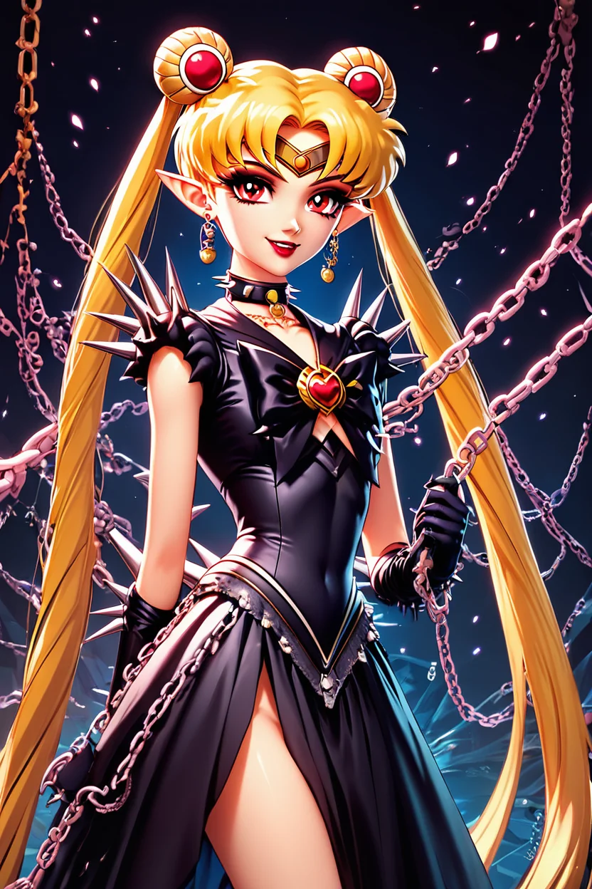 score_9, score_8_up, score_8, BREAK, , ,,, <lora:CruelMoon_PDXL:1>, zzCruelMoon, long hair, twintails, tsukino usagi, blonde hair, jewelry, hair bun, double bun, sailor moon, very long hair, choker, chain, spikes, gothic, parted bangs, red eyes, earrings, dress, makeup, holding, necklace, lipstick, black dress, pointy ears, night, ,,, , BREAK, smile, looking at viewer, ,,, abstract background, white outline, cowboy shot, ,,, embedding:zPDXL, Expressiveh, ,,, <lora:CatalystStylePDXL:0.6>, <lora:SDXLFaeTastic2400:0.5>, <lora:Expressive_H-000001:0.4>,