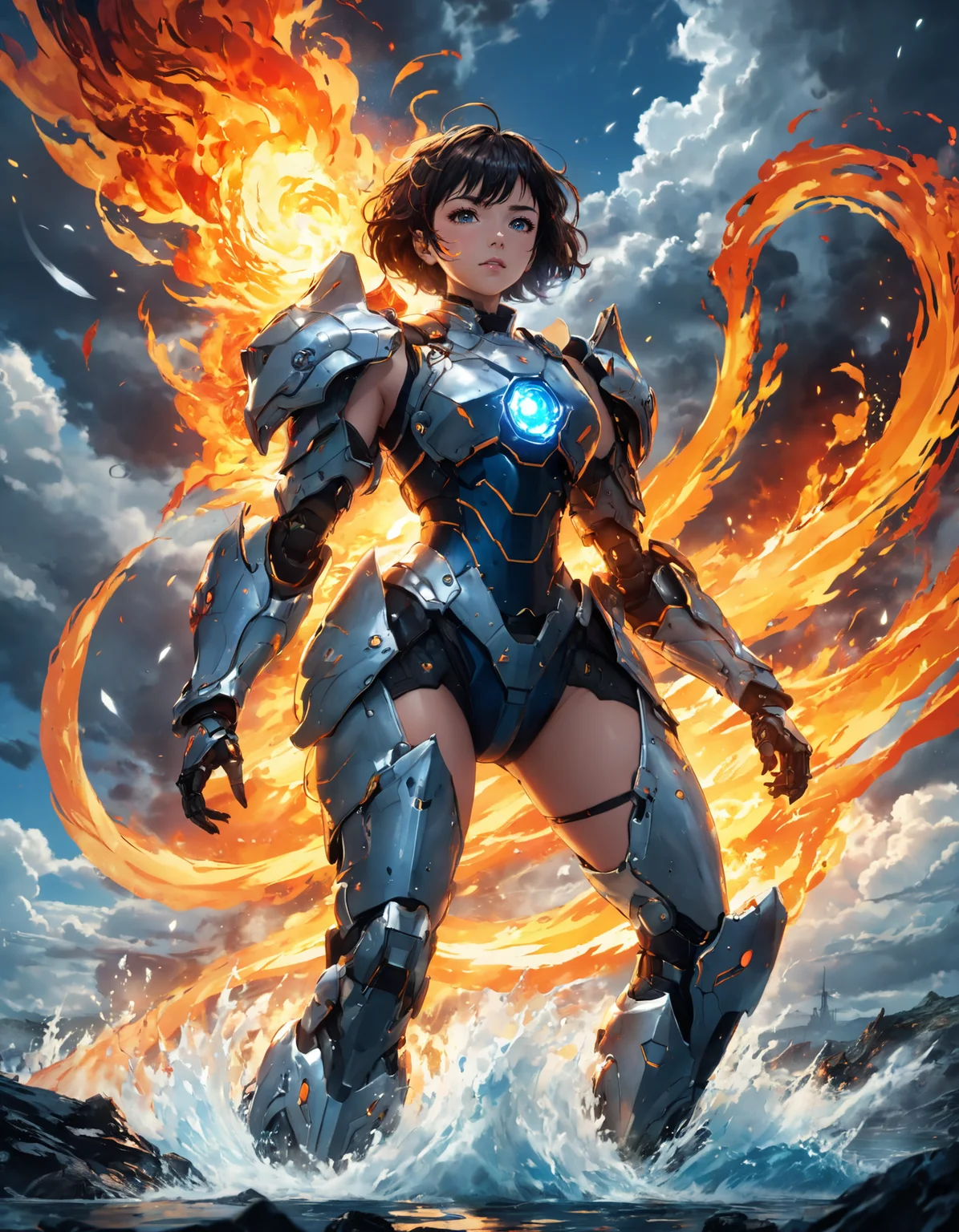 anime screencap,
beautiful artwork of a confident girl with short hair, in a bulky mecha armor, controlling water and fire, swirling elements around her, dramatic lighting, highly detailed cloudy sky, action-filled and powerful scene, 8k, high quality, artstation