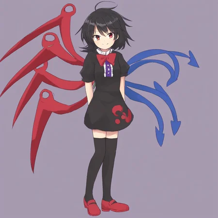 1girl, solo, masterpiece, best quality, highly detailed, simple background, houjuu nue, small breasts, black hair, red eyes, asymmetrical wings, short dress, black dress, short sleeves, black thighhighs, red footwear, light smile, full body, standing <lora:Houjuu Nue_epoch_10:1> <lora:ieknnig-000001:1>