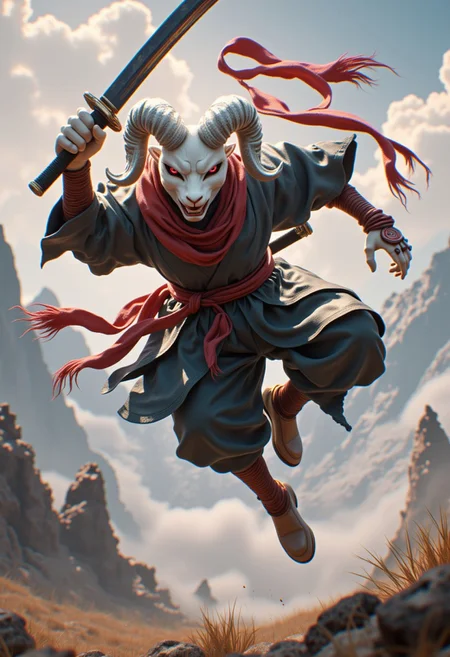 anthropomorphic Lamb ninja warrior leaping about wielding hi samurai sword.