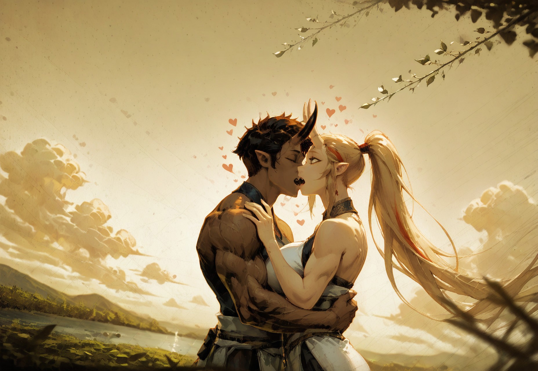 safe_pos, klskx ,  AgedSepiaCE, Sepia colors only, 
masterpiece, best quality, amazing quality, 
landscape at sunset, with clouds in the sky, a weeping willow to the left, a lake on the right, and two lovers kissing in the middle of the scene, perfect composition, highly detailed background, sakura trees, leaves in the air, 

1man(dark hairs, no horns, light eyes, strong looking, warrior), from behind, kissing with 
1girl, light hair, light eyes,  open mouth, fangs, depth of field, under a weeping willow, under the moonlight.  Loowking down. Close up, upper body only, from the side, dutch angle. night. ((hues of sepia)), ((((kissing)))), passion, love



, masterpiece,best quality,mature female,curvy,large breasts, Oni, Reika, Zeriastra, Skybreaker,  adult, tall female, streaked hair, long hair ponytail, ponytail, short hairs, dark horns, spiky horns, breasts, large round breasts, muscular, happiness, hearts, love


Wearing a nobleswoman medieval dress

