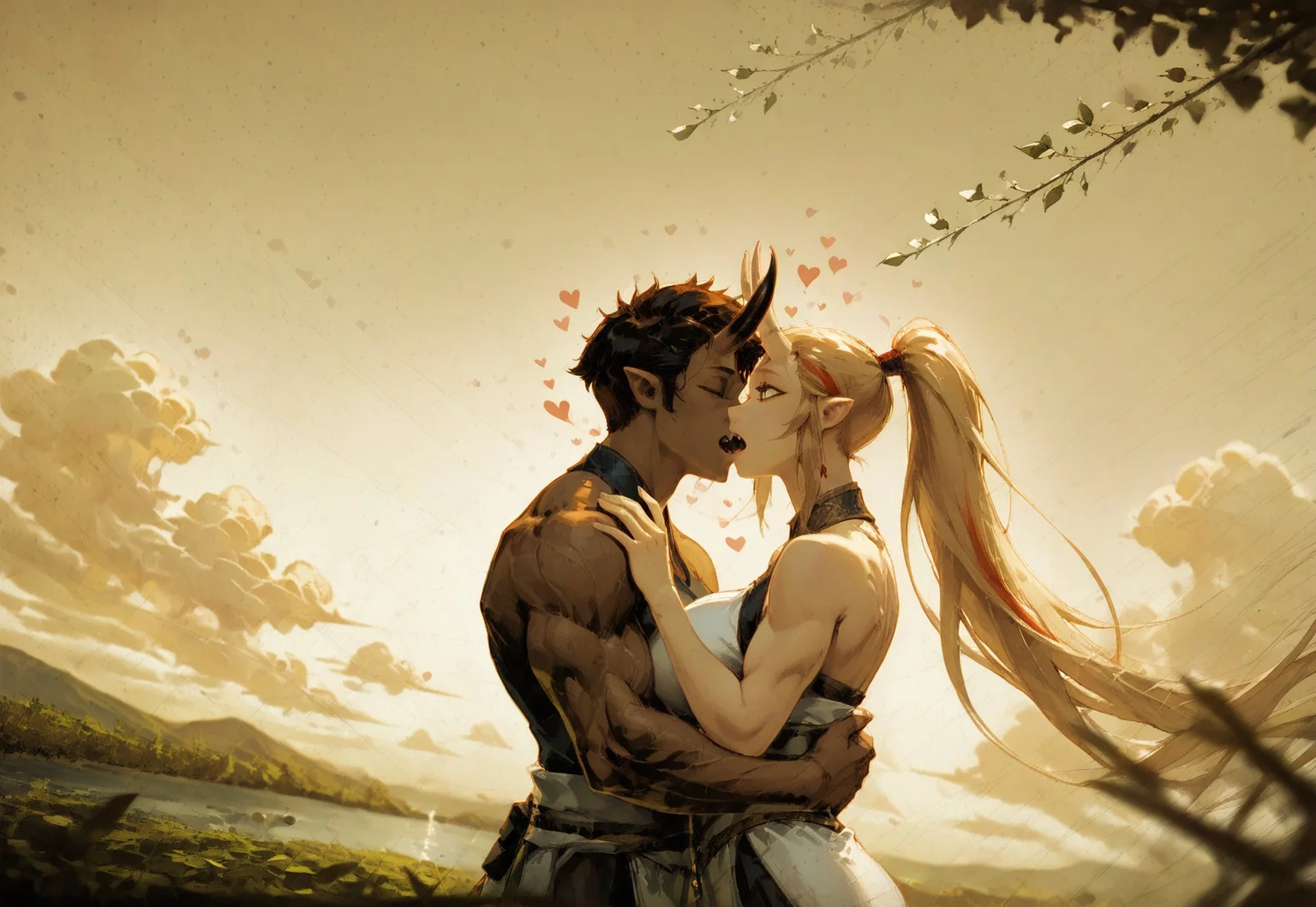 safe_pos, klskx , AgedSepiaCE, Sepia colors only,
masterpiece, best quality, amazing quality,
landscape at sunset, with clouds in the sky, a weeping willow to the left, a lake on the right, and two lovers kissing in the middle of the scene, perfect composition, highly detailed background, sakura trees, leaves in the air,
1man(dark hairs, no horns, light eyes, strong looking, warrior), from behind, kissing with
1girl, light hair, light eyes, open mouth, fangs, depth of field, under a weeping willow, under the moonlight. Loowking down. Close up, upper body only, from the side, dutch angle. night. ((hues of sepia)), ((((kissing)))), passion, love
, masterpiece,best quality,mature female,curvy,large breasts, Oni, Reika, Zeriastra, Skybreaker, adult, tall female, streaked hair, long hair ponytail, ponytail, short hairs, dark horns, spiky horns, breasts, large round breasts, muscular, happiness, hearts, love
Wearing a nobleswoman medieval dress