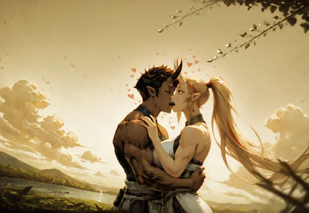 safe_pos, klskx ,  AgedSepiaCE, Sepia colors only, 
masterpiece, best quality, amazing quality, 
landscape at sunset, with clouds in the sky, a weeping willow to the left, a lake on the right, and two lovers kissing in the middle of the scene, perfect composition, highly detailed background, sakura trees, leaves in the air, 

1man(dark hairs, no horns, light eyes, strong looking, warrior), from behind, kissing with 
1girl, light hair, light eyes,  open mouth, fangs, depth of field, under a weeping willow, under the moonlight.  Loowking down. Close up, upper body only, from the side, dutch angle. night. ((hues of sepia)), ((((kissing)))), passion, love



, masterpiece,best quality,mature female,curvy,large breasts, Oni, Reika, Zeriastra, Skybreaker,  adult, tall female, streaked hair, long hair ponytail, ponytail, short hairs, dark horns, spiky horns, breasts, large round breasts, muscular, happiness, hearts, love


Wearing a nobleswoman medieval dress

