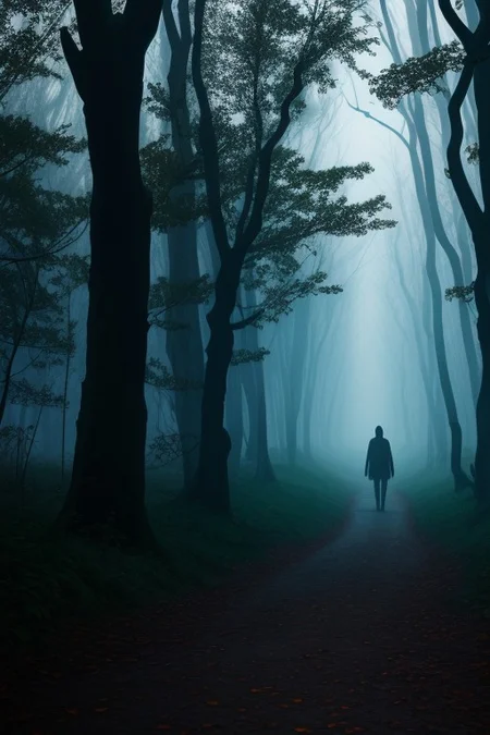 masterpiece, 8k wallpaper, RAW photo, 8k uhd, dark background, gloomy, foggy, forest, black silhouette, glowing eyes, shadow figures, horror,