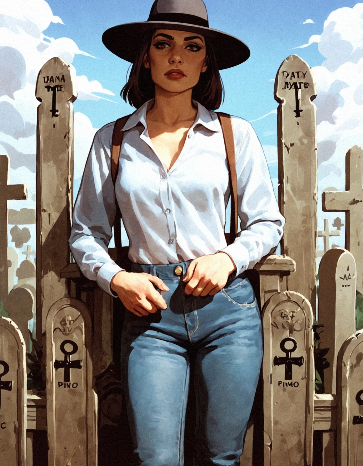 score_9, score_8_up, score_7_up,cms style,1girl,fedora,poncho,jeans,cemetery,front view