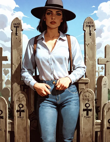 score_9, score_8_up, score_7_up,cms style,1girl,fedora,poncho,jeans,cemetery,front view