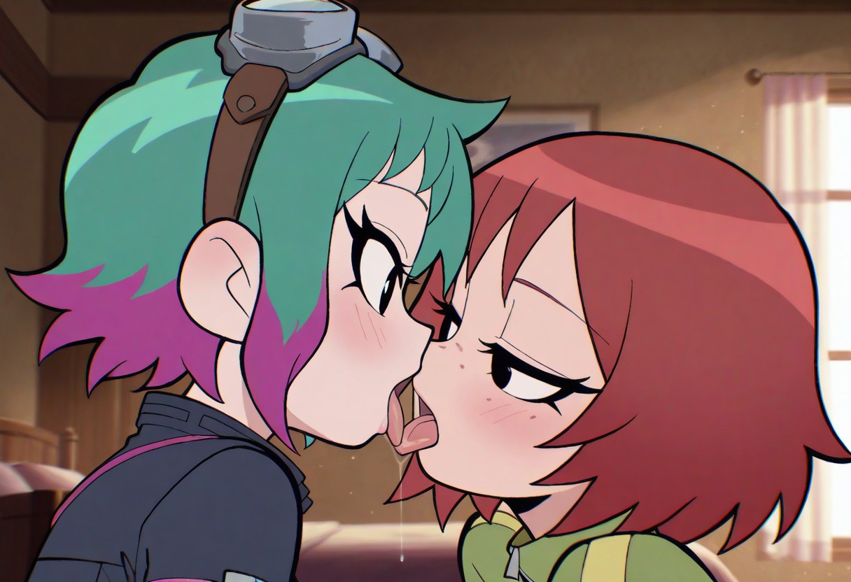 scttp, masterpiece, best quality, amazing quality, very aesthetic, absurdres, newest, detailed background, 2girls, french kiss, saliva, tongue, yuri, Ramona, 1girl, blue hair, green hair / pink hair, purple hair / green hair blonde hair , multicolored hair, gradient hair, goggles, goggles on head
Break
1girl, Kim, red hair, short hair, freckles, bedroom,