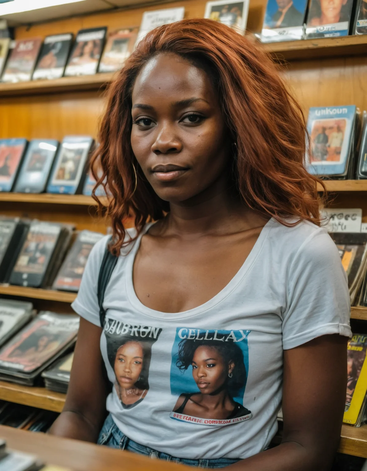 amateur cellphone photography portrait photography of  a beautiful  central african woman with  Auburn Middle part hair at record shop during Late afternoon, Nikon Z9 . f8.0, samsung galaxy, noise, jpeg artefacts, poor lighting,  low light, underexposed, high contrast