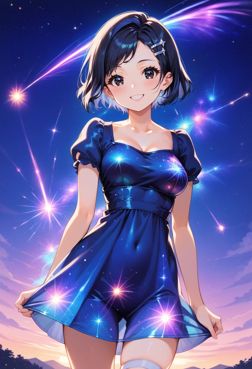 (score_9, score_8_up, score_7_up, masterpiece,source_anime, best quality, perfect anatomy, very aesthetic, ((outlined outlined vector graphics)), source_anime,
1girl,20yo, black hair, black eyes, short bob hair, hair pin,mdeium  breast, slender,(white thigh strap:1.1),(black clohtes:1.1),,outdoors,  blush, cowboy shot, galaxy, gradient sky, glittering, glimmering, glowing , eatherical, looking at viewer, milky way,starry night, night, night sky, shooting star, sky, skyline, smile, solo, star \(sky\), star \(symbol\), starry background, starry sky, starry sky print,starrynightdress, starry night dress,blue  dress,,( short sleeve dress:1.2),  
<lora:starry-night-dress-01:1.3>