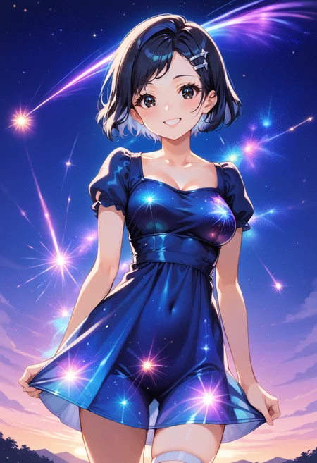 (score_9, score_8_up, score_7_up, masterpiece,source_anime, best quality, perfect anatomy, very aesthetic, ((outlined outlined vector graphics)), source_anime,
1girl,20yo, black hair, black eyes, short bob hair, hair pin,mdeium  breast, slender,(white thigh strap:1.1),(black clohtes:1.1),,outdoors,  blush, cowboy shot, galaxy, gradient sky, glittering, glimmering, glowing , eatherical, looking at viewer, milky way,starry night, night, night sky, shooting star, sky, skyline, smile, solo, star \(sky\), star \(symbol\), starry background, starry sky, starry sky print,starrynightdress, starry night dress,blue  dress,,( short sleeve dress:1.2),  
<lora:starry-night-dress-01:1.3>