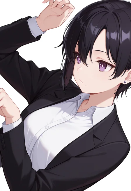 masterpiece,high quality details, absurdres, 
zombie pose, 
<lora:kuro:0.8> kuro_cnr, 1girl,black hair, short hair, purple eyes, mole under mouth, formal, suit, jacket, white shirt, earrings,, :/,, simple background, white background, from side,solo,