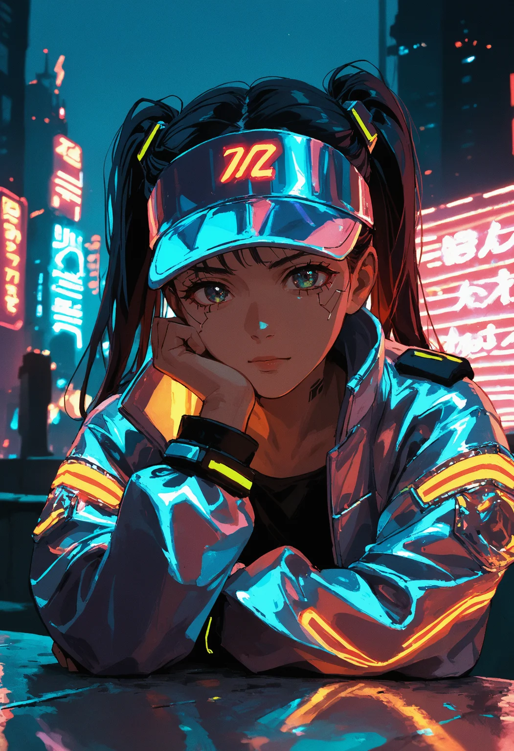 score_9, score_8_up, score_7_up, source_anime, 1girl, solo,visor cap, twintails, cropped jacket, cyberpunk, neon lights, skyline, cyborg, head rest, <lora:laser_light_clothes_v0.5-pony:1> laser light clothes,