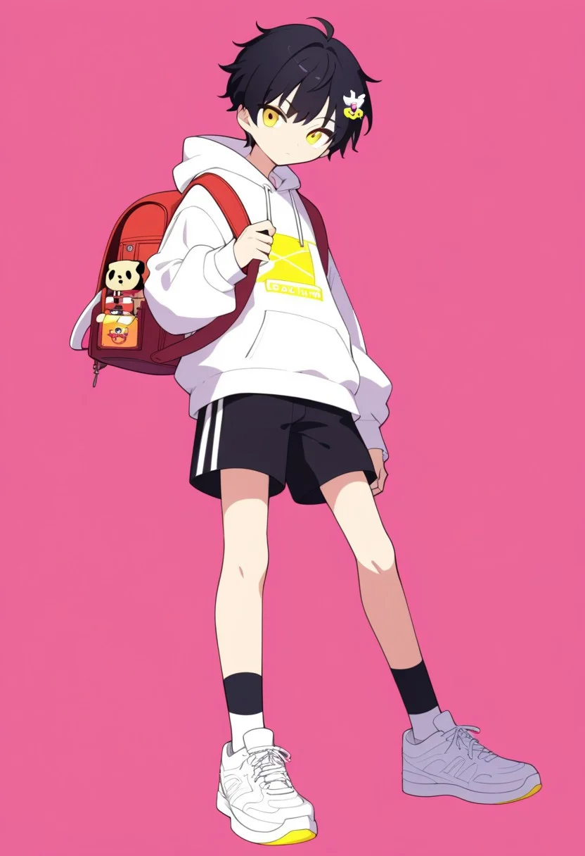 end_fl4t, shorts, bag, hood, solo, black hair, white footwear, 1boy, black shorts, yellow eyes, backpack, male focus, pink background, holding, shoes, hoodie, short hair, looking at viewer, white hoodie, hood down, socks, long sleeves, hair ornament, closed mouth, sneakers