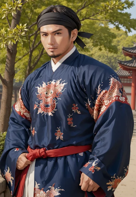 safe_pos, score_9, score_8_up, score_7_up, score_6_up, perfect anatomy, perfect proportions, best quality, masterpiece, high_resolution, high quality, male focus, bara, mature, masculine, manly, handsome, seductive, (asian man, mature man, black hair, black eyes, facial hair, stubble), BREAK (aonguthan, dark blue clothes, black headband), detached sleeves, yarn knitting on sleeves, jinbei half pantsupper body, stomach, outdoors, movie still, perfect face,
