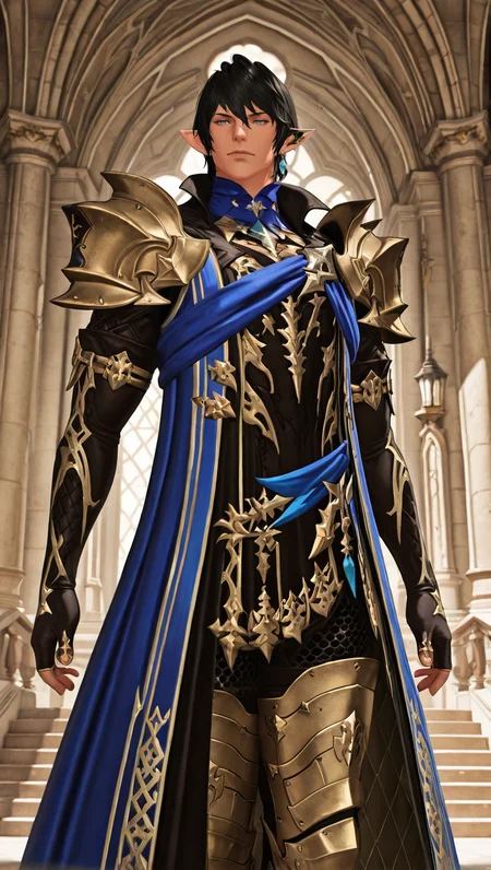 masterpiece,best quality,absurdres,newest,perfect quality,best quality,absolutely eye-catching,detailed background,male focus,solo,realistic,<lora:FFXIV - Aymeric de Borel - Illustrious-000006:0.7>,seraymeric,1boy,elezen,adult male,black hair,short hair,blue eyes,single ear cuff,single earring,blue hooded robe,pauldrons,elbow gloves,leg armor,armored thigh boots,