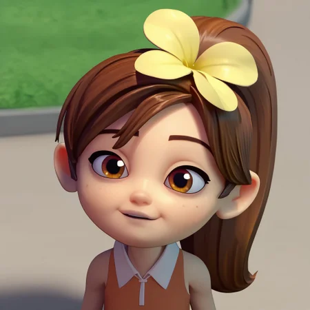 score_9, score_8_up, score_7_up BREAK SunnySpell, 1girl, brown hair, ponytail, brown eyes, yellow flower scrunchie, sleeveless white-collared orange shirt, face closeup, face view, cgi, source_cgi, girl, girl focus, :3,