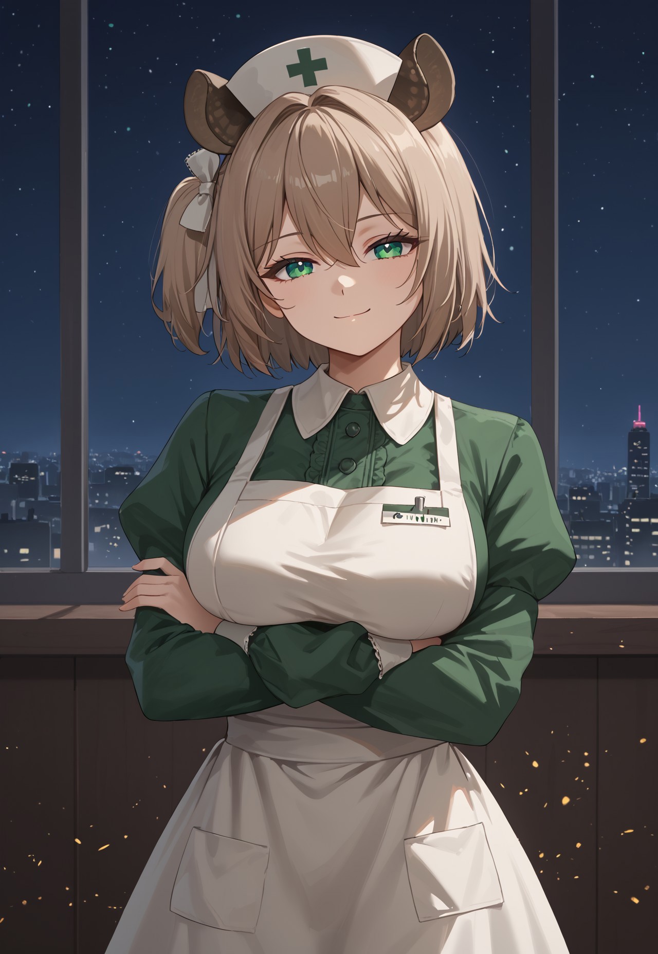safe_pos, 1girl, solo, solo focus, highres, absurdres, NimiNightmare, nurse cap, green eyes, bangs, animal ears, brown hair, hair between eyes, short hair, one side up,

large breasts, white apron, green dress, long sleeves, collared dress, puffy sleeves, white thighhighs,

looking at viewer, closed mouth, smug, head tilt, crossed arms,

cityscape, neon lights, window, dark, night, night sky, light particles, backlighting, 