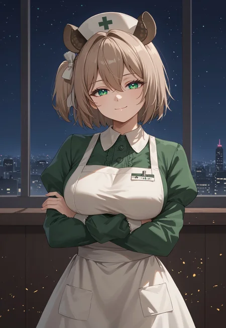 safe_pos, 1girl, solo, solo focus, highres, absurdres, NimiNightmare, nurse cap, green eyes, bangs, animal ears, brown hair, hair between eyes, short hair, one side up,
large breasts, white apron, green dress, long sleeves, collared dress, puffy sleeves, white thighhighs,
looking at viewer, closed mouth, smug, head tilt, crossed arms,
cityscape, neon lights, window, dark, night, night sky, light particles, backlighting,