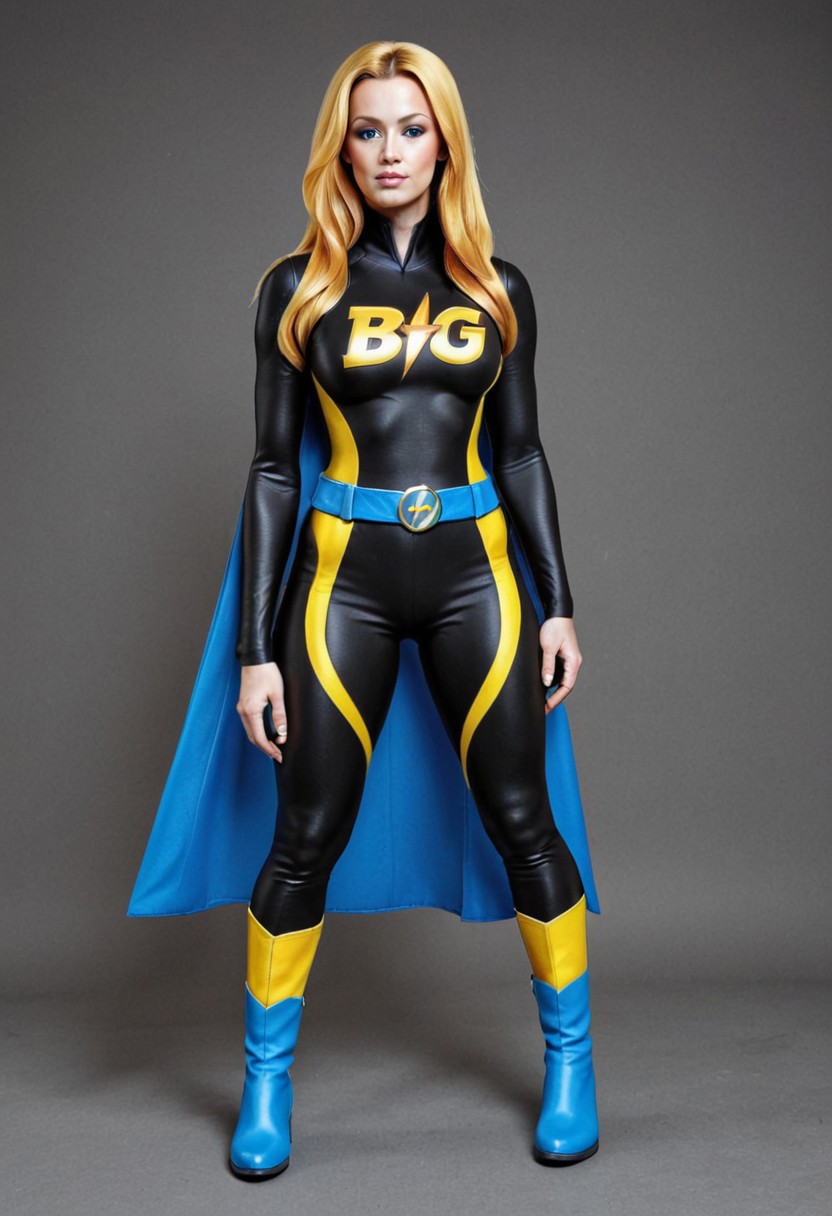 BuzzGirl, wearing black and yellow BGsuit, blue belt, blue boots, blue cape