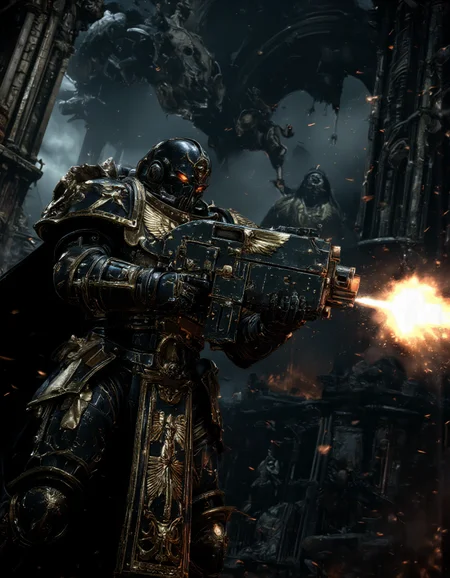 ultrareal photo of  Space Marine  from Warhammer 40k in space marine armor firing his Bolter and shooting aliens, he is very angry and focues, moody atmosphere,   backgound is gothic castle,  <lora:flux_realism_lora:0.9>  <lora:Sinfully_Stylish_.02_for_FLUX:0.9>  <lora:sm2:0.9> <lora:v1v1dr34m:0.9> <lora:lora:0.6> <lora:Bolter_-_Warhammer_40000_Flux:0.9>