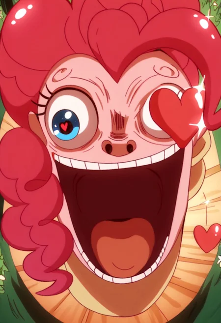 score_9, score_8_up, score_7_up, BREAK, my little pony, Pinkie Pie, a pink earth pony with blue eyes, outdoors, daylight, insanity-angle, expressionless face, show accurate, SanijSimpface, heart shaped eyes, eye-pop-out, popping eyes, eye popping out, tonque out,