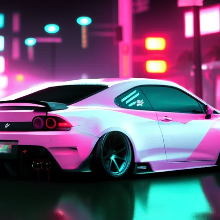 a photo of a car parked on a city street with a neon light on it's side and a neon light on the back of the car, art by carstestv3