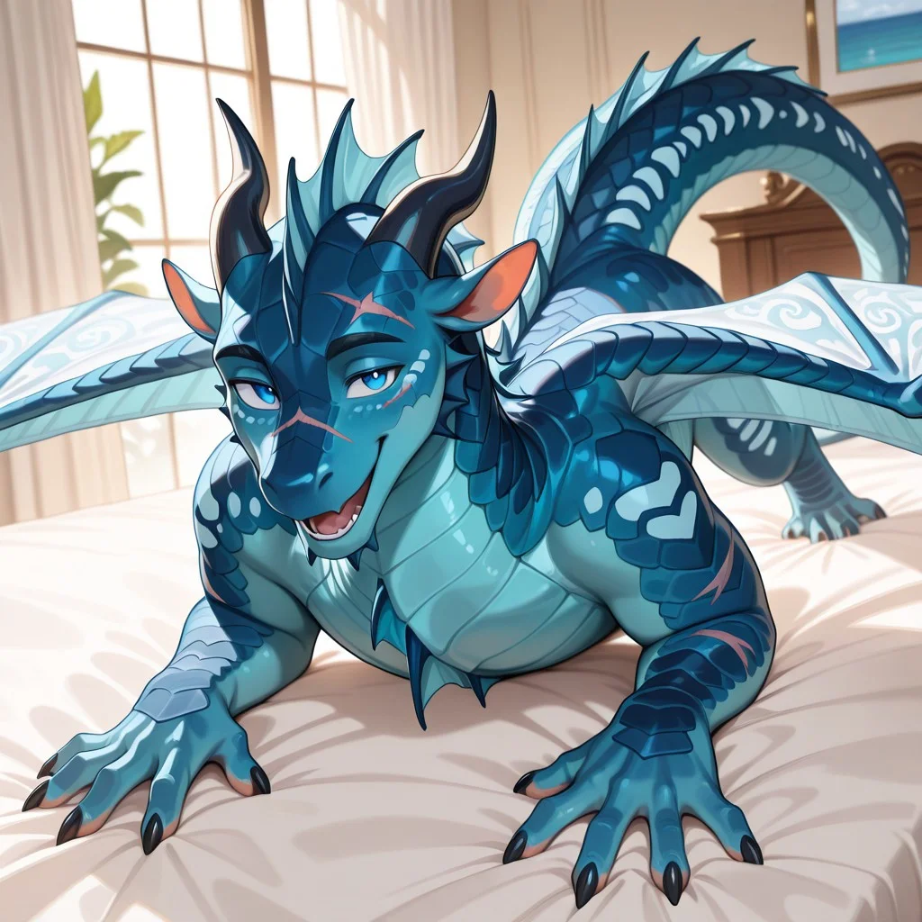 1boy, highres, absurdres, newest, masterpiece, best quality, furry, furry_male, Seawing_wof, aquatic scales, chin tendrils, dragon, scales, wings, horns, tail, head frill, claws, chest frill, webbed claws, webbed feet, Riptide_wof, blue scales, (face scars, scars on face:1.1), blue eyes, wing pattern, spread wings, (feral, quadruped:1.1), detailed eyes, on_bed, on_stomach, open_mouth, open mouth smile, luxurious detailed room, bright room, day scene, professional lighting, white bed, solo, bedroom, smiling, seductive, looking_at_viewer, masterpiece, close up, safe