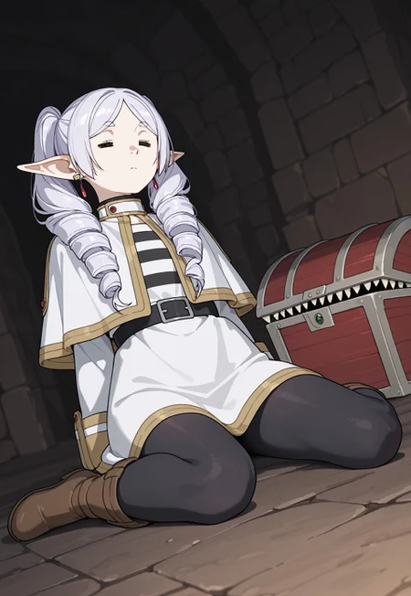 masterpiece, best quality, amazing quality, very aesthetic, absurdres, dynamic angle, ultra-detailed, highly detailed, cinematic lighting, realistic shading, BREAK
dungeon, dark, wariza, on ground, mimic in the background,
BREAK
SSNFrieren, 1girl, elf, pointy ears, 1girl, elf, pointy ears, official alternate hairstyle, white hair, parted bangs, long hair, drill hair, twin drills, green eyes, = =, small breasts, floating earring, earrings, layered clothes, gold trim, white capelet, striped shirt, white open jacket, long sleeves, shirt tucked in, jacket tucked in, black belt, white skirt, black pantyhose, brown boots