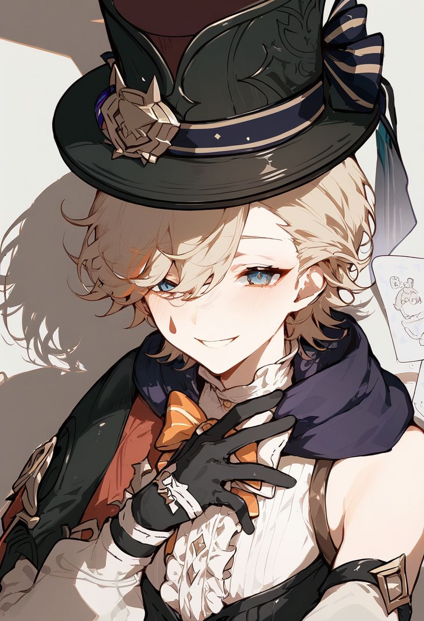 score_9, score_8_up, score_8, anime style, score_9, score_8_up, score_8, anime style, source_anime, otoko no ko, trap, androgynous, solo, 1boy, lyney_\(genshin_impact\), male_focus, teardrop_facial_mark, black_gloves, black_headwear, detached_sleeves, white_shirt, top_hat, top_hat, fantasy city, fountain, smile, upper body, Expressiveh