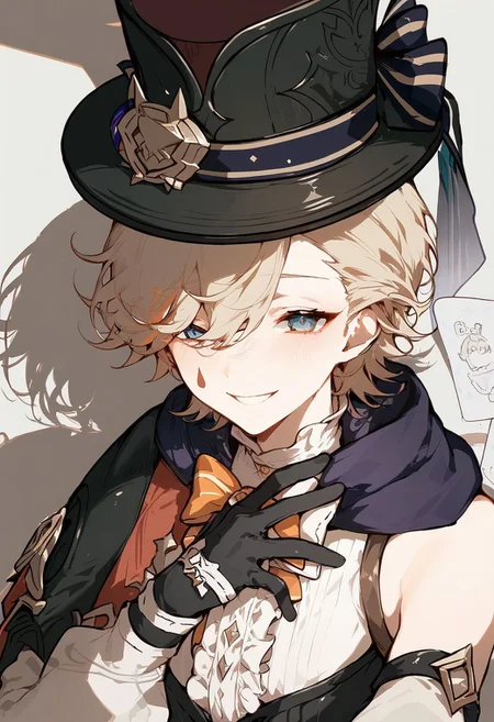 score_9, score_8_up, score_8, anime style, score_9, score_8_up, score_8, anime style, source_anime, otoko no ko, trap, androgynous, solo, 1boy, lyney_\(genshin_impact\), male_focus, teardrop_facial_mark, black_gloves, black_headwear, detached_sleeves, white_shirt, top_hat, top_hat, fantasy city, fountain, smile, upper body, Expressiveh