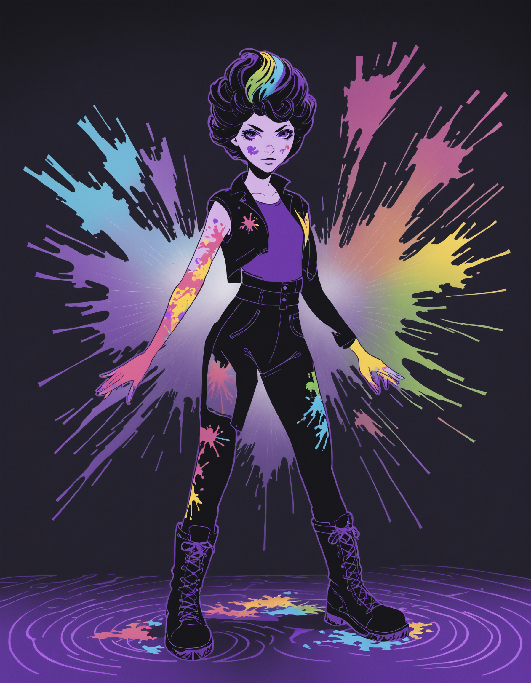 1girl, purple theme, boots, colorful, paint-splattered, texture, vibrant, unique, fashion, abstract, worn, expressive, artistic, vintage_pop <lora:whimsical_vintage_pop:0.6>