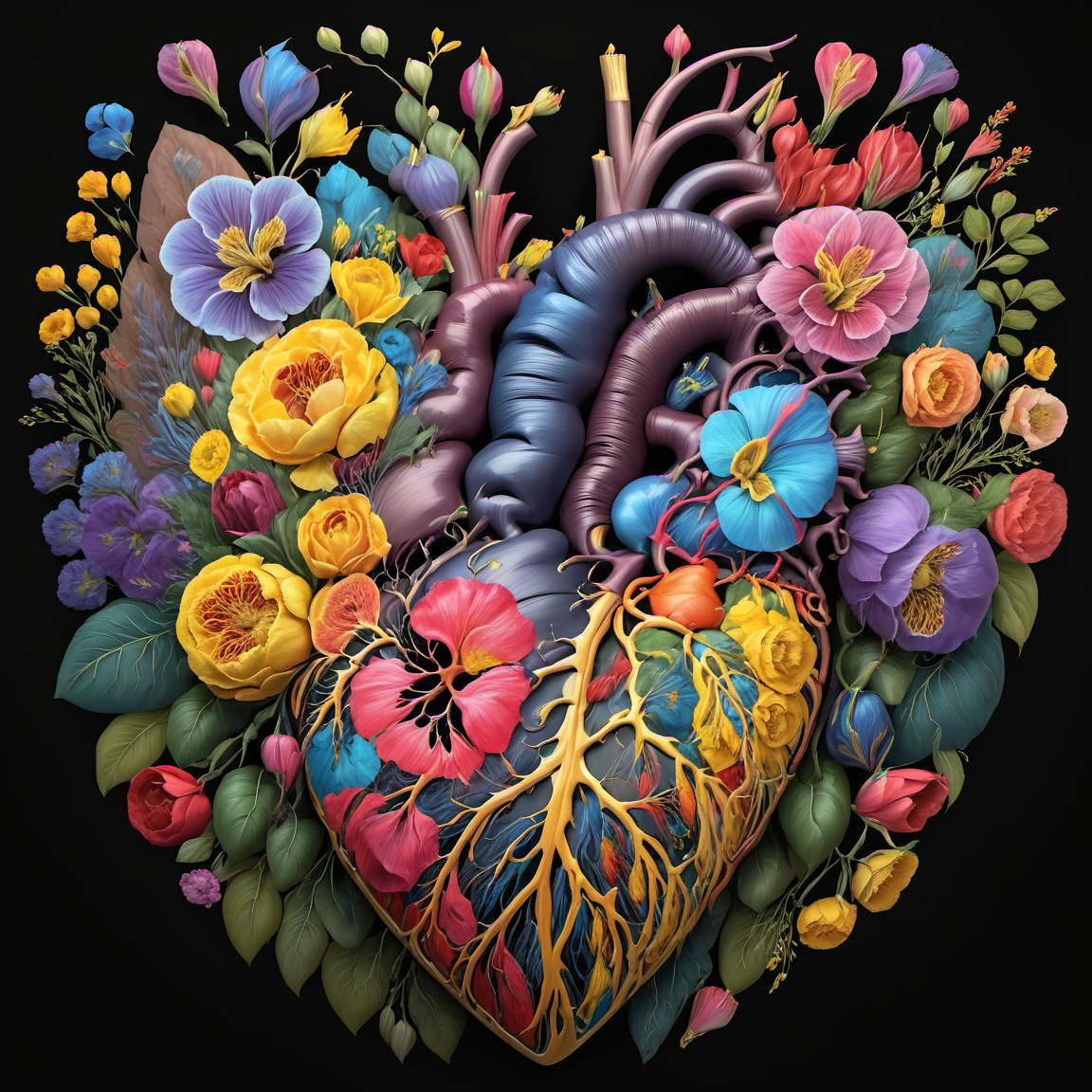 flowerart, flower, horns, leaf, black background, red flower, pink flower, blue flower, yellow flower, purple flower, orange flower,human heart,<lora:flower_art:1>, intricate, elegant, highly detailed, digital painting, artstation, concept art, smooth, sharp focus, illustration, art by wlop, charlie bowater and alexandra fomina