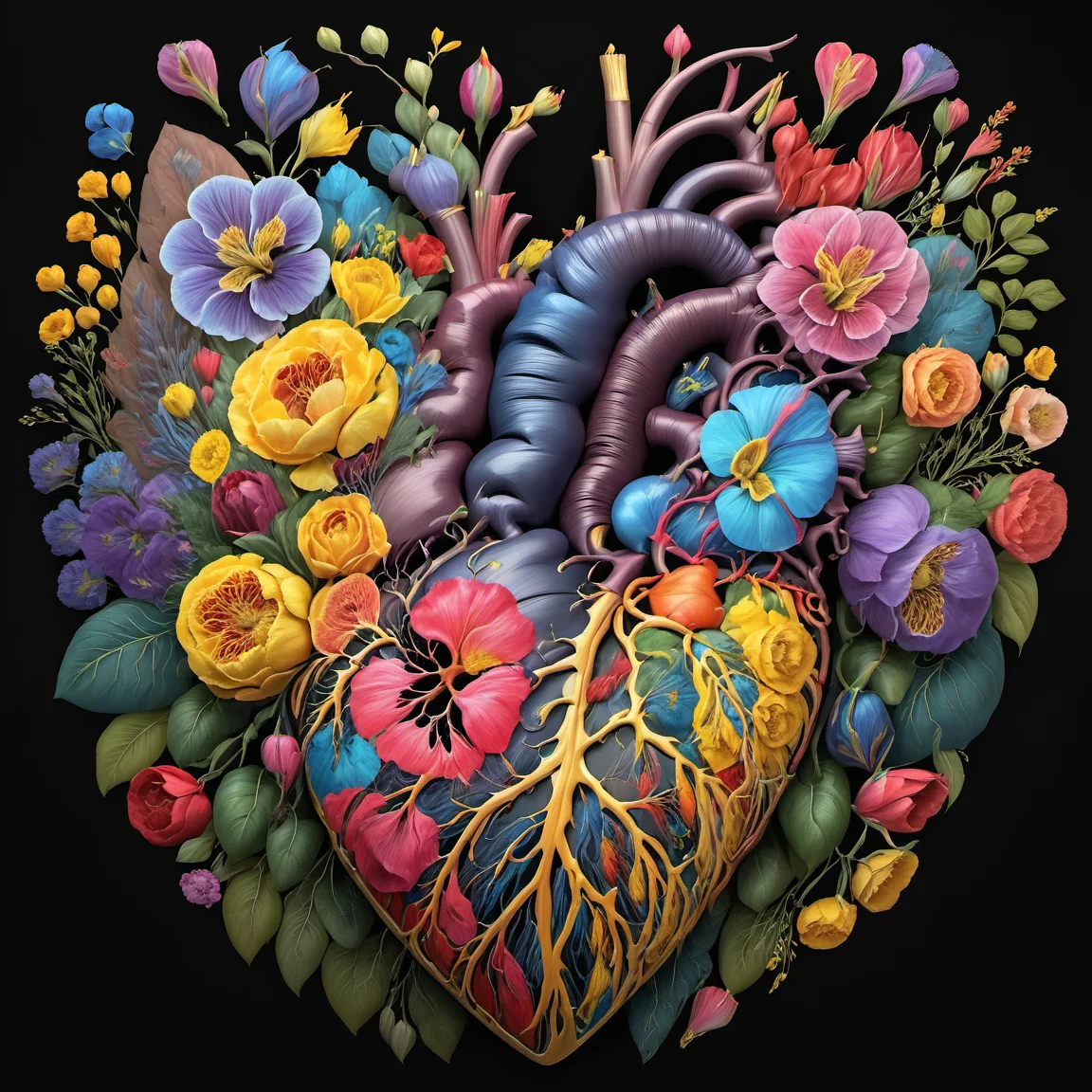 flowerart, flower, horns, leaf, black background, red flower, pink flower, blue flower, yellow flower, purple flower, orange flower,human heart,<lora:flower_art:1>, intricate, elegant, highly detailed, digital painting, artstation, concept art, smooth, sharp focus, illustration, art by wlop, charlie bowater and alexandra fomina