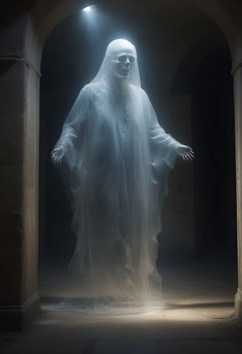 photo of a transparent ghost, transparent fullbody, in a crypt, eerie lighting, chilling expression, bones and skulls strewn about, frightening aura, perfect photo, detailed, Photorealistic, best quality, 8k, HD, DSLR, Fujifilm XT3, award winning