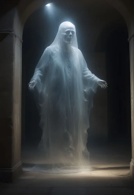 photo of a transparent ghost, transparent fullbody, in a crypt, eerie lighting, chilling expression, bones and skulls strewn about, frightening aura, perfect photo, detailed, Photorealistic, best quality, 8k, HD, DSLR, Fujifilm XT3, award winning