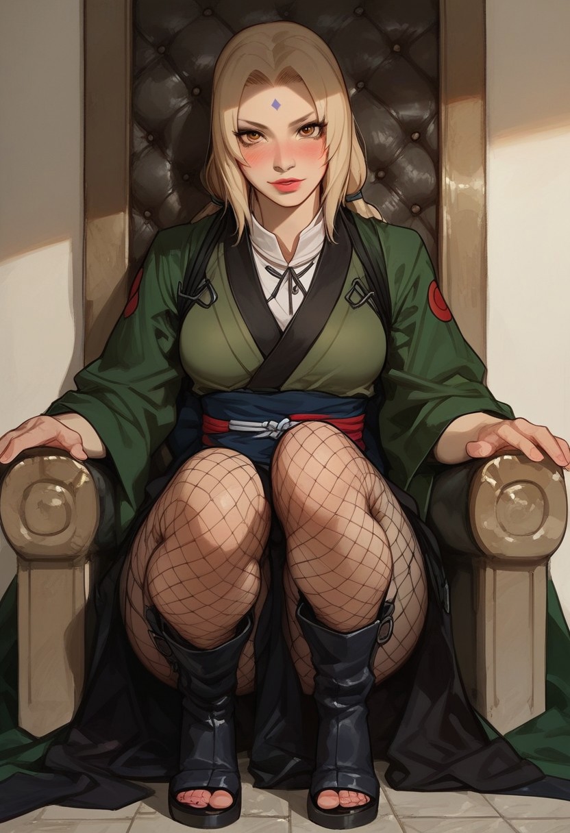 masterpiece,best quality, highly detailed, score_9, score_8_up, score_7_up, score_6_up, score_5_up, score_4_up, Expressiveh, 1girl,Tsunade, forehead protector，ninja headband ,solo,wearing naruto ninja costume,full body1:2,blush, curvy body,((Chel)),posing erotic,seductive, small breasts, (longshot), high quality,slim fit body,sitting on high throne,fishnet pantyhose, front view,toe,look at viewer,Ninja Shoes Boots for Naruto