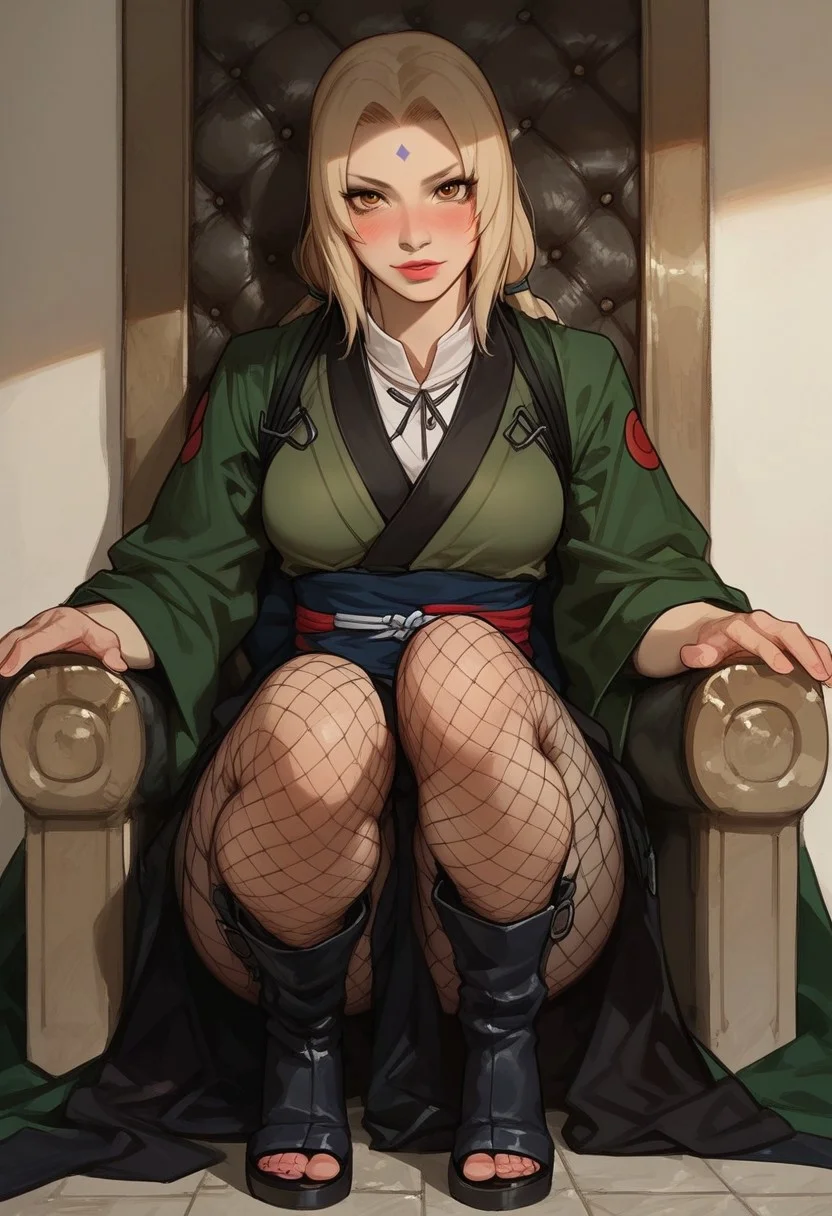 masterpiece,best quality, highly detailed, score_9, score_8_up, score_7_up, score_6_up, score_5_up, score_4_up, Expressiveh, 1girl,Tsunade, forehead protector,ninja headband ,solo,wearing naruto ninja costume,full body1:2,blush, curvy body,((Chel)),posing erotic,seductive, small breasts, (longshot), high quality,slim fit body,sitting on high throne,fishnet pantyhose, front view,toe,look at viewer,Ninja Shoes Boots for Naruto