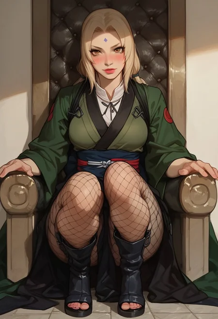 masterpiece,best quality, highly detailed, score_9, score_8_up, score_7_up, score_6_up, score_5_up, score_4_up, Expressiveh, 1girl,Tsunade, forehead protector,ninja headband ,solo,wearing naruto ninja costume,full body1:2,blush, curvy body,((Chel)),posing erotic,seductive, small breasts, (longshot), high quality,slim fit body,sitting on high throne,fishnet pantyhose, front view,toe,look at viewer,Ninja Shoes Boots for Naruto