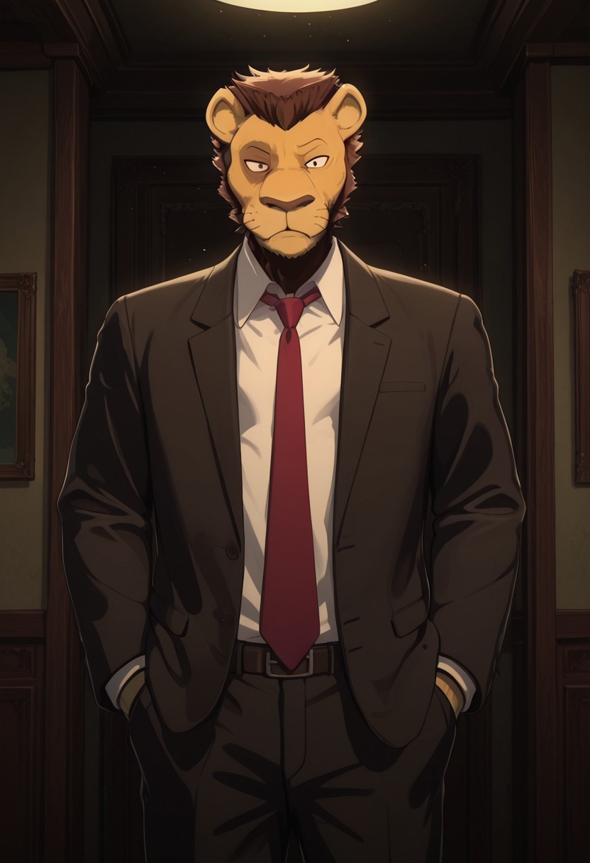 masterpiece, best quality, amazing quality, very aesthetic, absurdres, newest,  high quality, detailed, male, solo male, Jinma, 1boy, mature male, male, athletic build, anthro, lion, tan fur, brown hair, animal ears, dark spot over right eye, white collared shirt, black suit, red tie, standing, indoors, looking at viewer, hands in pockets, volumetric lighting, office